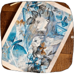 Illustration page d'accueil, Peinture aquarelle dans les tons bleus représentant une femme de profil penchée en avant avec des fleurs et des créature mi volantes mi aquatiques abstraites