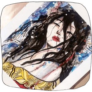 Illustration de la page technique : Portrait de Geisha réalisée en aquarelle - couleur bleu, rouge, noir et or