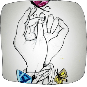 Illustration de la page technique nommée liberté. Deux mains ligotées réalisées au crayons de papier. Des papillons viennent se poser dessus.