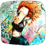 Illustration de la page contact : Peinture aquarelle femme élancé tête en arrière, rousse. Fond multicolore avec fleurs de lotus en jaune, vert et bleu dégradé