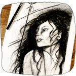 Illustration de la page contact : Dessin au fusain, buste de femme aux cheveux noirs qui regarde vers la gauche. Dessin en noir et blanc sur fond blanc