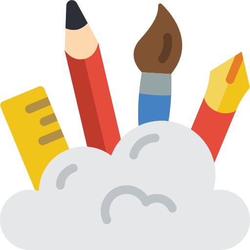Illustration de la page technique - Icone d'outils de dessin : règle, crayon, pinceau et stylo plume sortant d'un nuage
