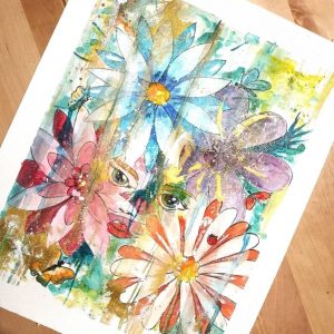 Celle qui se cachait Illustration page à propos : Peinture aquarelle de fleurs multicolores avec un visage féminin caché au milieu